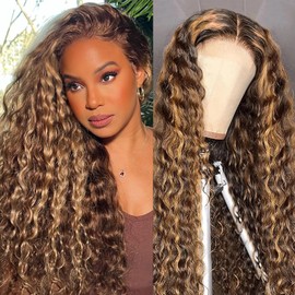 Smilenice 210% Density Deep Wave 13x6 Highlight Ombre Full Lace Frontal Wigs Curly Human Hair 12A Brazilian Human Hair Pre Plucked 4/27 Honey Blonde HD Glueless Transparent Lace with Baby Hair 22 Inch