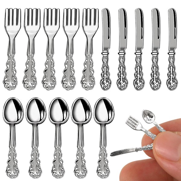 AUTUUCKEE Dollhouse Kitchen Accessory Set, 15 Pieces Miniature Knives, Forks, Spoons, Mini Metal Tableware, Cutlery Dollhouse, Kitchen Tableware Accessories for Role Play, Silver