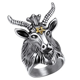 FaithHeart Men's Ring, Stainless Steel Baphomet Goat Head Ring, Punk Goat Skull Signet Ring, Finger Ring, Satanic Sheep Goat Head Ring for Birthday, Father's Day, Valentine's Day, Stainless Steel