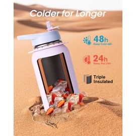 Coolflask Water Bottle with Straw, 40 oz Insulated Metal Water Flask with Straw & Spout Lids, Stainless Steel Double Wall Vacuum, Keep Cold 48h Hot 24h, Leak Proof & Non-BPA, Lavender