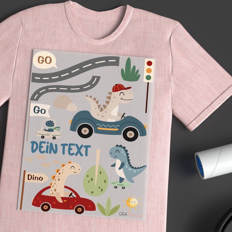GRAZDesign Iron-On Transfer Dino Set Cars with Name, DIN A4,