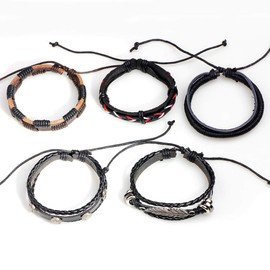 Dlihc 5Pcs Braided Leather Bracelet for Men Women, Adjustable Black Men’s Bracelet Leather, Father’s Day Gifts for Dad