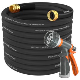 SPECILITE Garden Water Hose 50 ft x 5/8 in Heavy Duty, Flexible and Lightweight, Burst 600 psi, Kink-less Hybrid Rubber Pipe for Backyard, 3/4'' Brass Fittings, Black