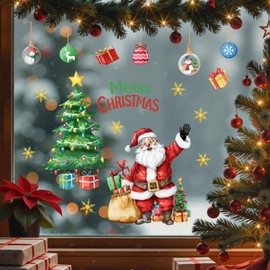 Mfault Merry Christmas Santa Claus Window Clings, Xmas Tree Gifts Ball Gold Snowflake Stickers Decals Decorations, Winter Holiday Home Kitchen Decor