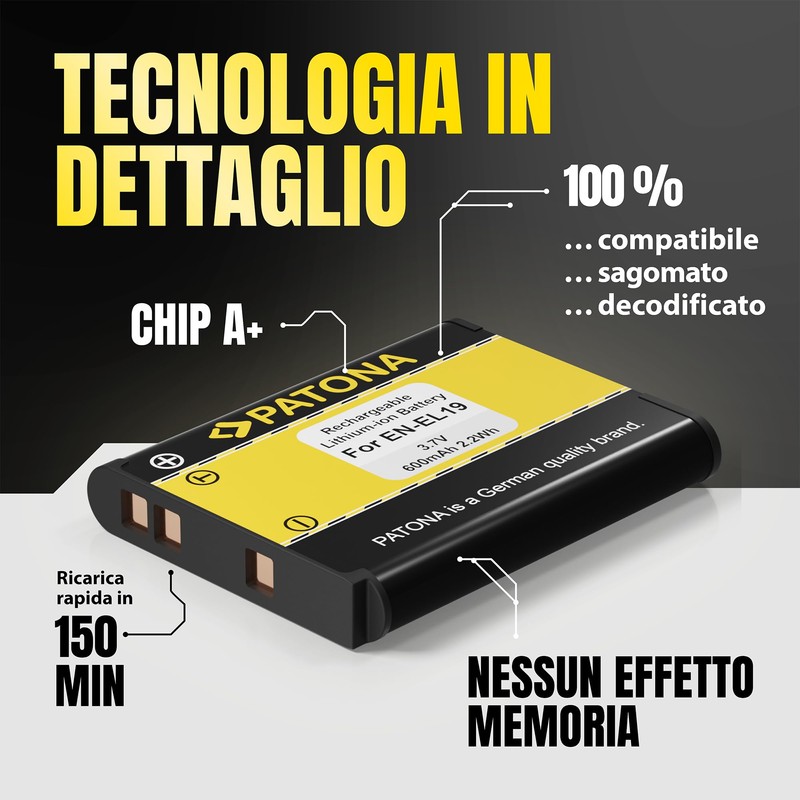 PATONA EN-EL19 Batteria 600mAh per Nikon Coolpix S100 W100 W150