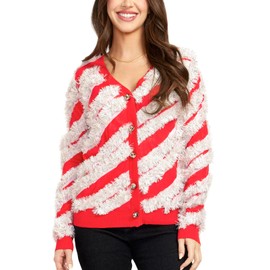 Tipsy Elves Classic Cute Cardigan Ugly Christmas Sweaters for Women with Fun Patterns and Animals - Women's Colorful Red Candy Cane Tinsel Christmas Cardigan Size Large