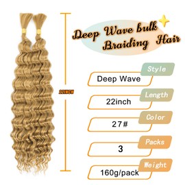 FanLin Deep Wave Bulk Hair for Boho Braids 3Packs 22inch 160g No Weft Synthetic Braiding Hair Water Wave Brazilian Virgin Curly Hair Extensions (Deep-27#, 22inch)