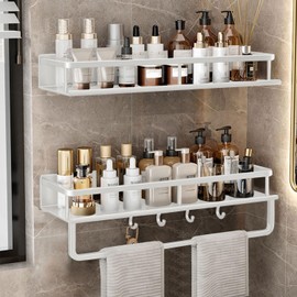 devesanter Shower Shelf, No Drilling, Pack of 2, 40 cm Bathroom Shelf, Shower Shampoo Shelf with Towel Rail and 4 Hooks for Bedroom, Living Room and Kitchen, Bathroom Organiser (White