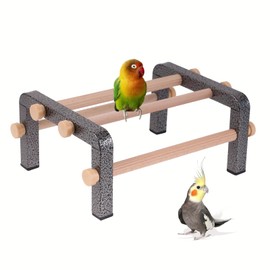 Small Bird Parrot Training Perch Stand for Parakeet Budgies Cockatiel Conure, Durable Heavy Duty Rustproof Metal Frame with 4 Wooden Bars for Bird to Play Climb and Exercise Table Toy