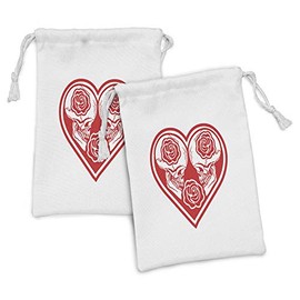 Lunarable Love Fabric Pouch Set of 2, Print of Graphic Heart and 2 Skulls Arranged Along Roses Valentine's Day Theme, Small Drawstring Bag for Toiletries Masks and Favors, 9" x 6", Vermilion White