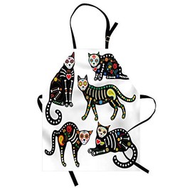 Ambesonne Sugar Skull Apron, Calavera Inspired Ornate Black Cats Mexican Style Holiday The Day of The Dead, Unisex Kitchen Bib with Adjustable Neck for Cooking Gardening, Adult Size, Black White