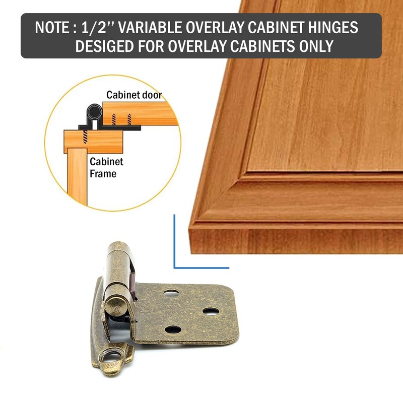 1/2" Antique Brass Overlay Cabinet Hinges, 30 Pack (15 Pairs)