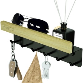 TEEQZIO Key Holder Wall Mount Decorative Key and Mail Holder with Shelf 6 Key Hooks for Wall - Key Rack for Hallway Kitchen Decor entryway, Office, Bathroom, Living Room (Black/Bamboo)