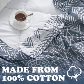 jinchan Boho 100% Cotton Blanket Muslin Lightweight Queen Size Throw Blanket for Couch Soft Cozy All Season 3-Layer Throw Cotton Coverlet Blanket for Bedroom Living Room Decor Blue 80x90 Inches
