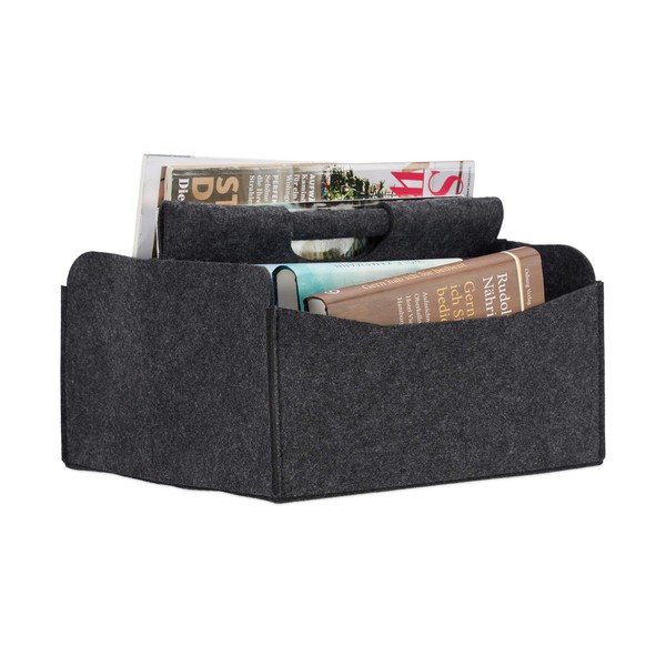 Relaxdays Felt Newspaper Basket, HxWxD: 22 x 31 x 29 cm, 2 Compartments, 1 Handle, Foldable Magazine Holder, Dark Grey