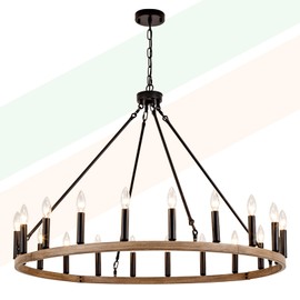 40 Inch Wood Grain Wagon Wheel Chandelier - 20-Light Farmhouse Adjustable Height Round Wrought Iron Ceiling Light Fixture for High Ceiling, Living Room, Dining Room, Entryway, E12 Bulb Base