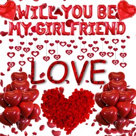 Will You Be My Girlfriend Balloons - 1135pcs Valentine'S Day Decorations, Love Heart Foil Latex Balloons for Confession Proposal Supplies, Glitter Heart Hanging Decor for Confession Proposal Supplies