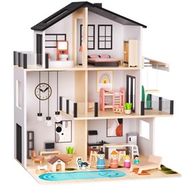 BIERUM Wooden Dollhouse, Large Modern Doll House with 49Pcs Furniture Accessories, Dolls & Pets, DIY Puzzle Pool Yard, Wood Dollhouse Toy for Toddlers 3+, Ideal Gift for Boys and Girls (Black)
