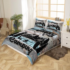 Rustic Farmhouse Style Comforter Cover Camping Themed Bedding Set for Boys Kids Teens Lodge Cabin Duvet Cover King Happy Glamping Trailer Camper Decor,Camfire Tent Retro Old Barn Door Room Decor