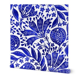 Spoonflower Peel & Stick Wallpaper Swatch - Cobalt Blue Botanical Bright White Indian Floral Persian Figs Custom Removable Wallpaper