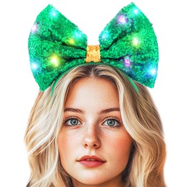 Uranian Light Up Sequin Bow Headbands Green Bow Hair Hoop LED Big Bows Headband Flashing Glitter Bowknot Hairbands Glowing Birthday Holiday Festival Party Headwear for Women