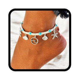 Handcess Boho Turquoise Anklets Silver Starfish Ankle Bracelets Wave Conch Foot Chain Jewelry for Women and Girls