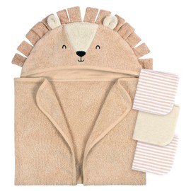 Gerber Baby 4 Piece Animal Character Hooded Towel and Washcloth Set, Brown Lion, One Size