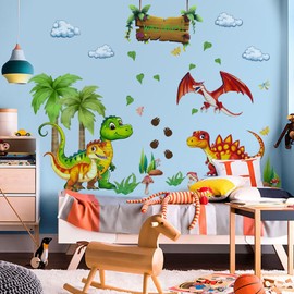 Dinosaur Wall Decals, Cartoon Jungle Theme with Palm Trees and Clouds, Kids Room Decorative Removable Stickers (M12016)