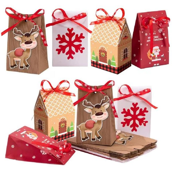 MonQi 24 Pieces Christmas Gift Bags Paper Bag with 24 Christmas Ribbons, Gift Bags Kraft Paper Chocolate Sweets Gift Box Party Bag for Birthday (4 Styles) (24 Pieces)