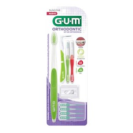 GUM - Kit de Cuidado Bucal para Ortodoncia con Cepillo Especializado en Forma de V, Cera Protectora, Cepillos Interdentales y Palillos Soft Picks con Sabor a Menta - Modelos y Colores Surtidos