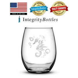 Integrity Bottles Premium Seahorse Stemless Wine Glass, Hand Etched 14.2 oz Unique Gifts, Made in USA, Sand Carved