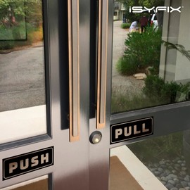 iSYFIX Cartel de calcomanías de empuje – Paquete de 2 unidades de 5 x 2 pulgadas – Calcomanía horizontal autoadhesiva, vinilo dorado cepillado y negro para puertas en negocios, tiendas, cafeterías, tiendas y mucho más. Uso en interiores y exteriores.