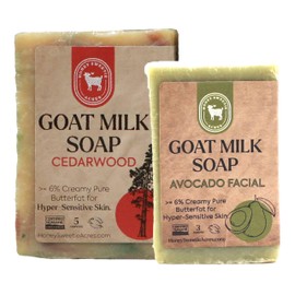 Honey Sweetie Acres Fresh of the Goat Face and Body Soap Bundle – 3 oz Avocado Facial Bar + 5 oz Hydrating Cedarwood Goat Milk Soap – Handcrafted and Made in USA