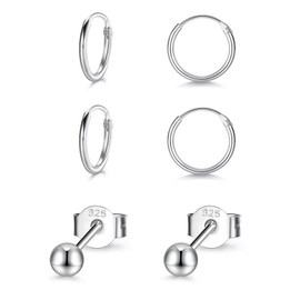 EPIRORA Sterling Silver Stud Earrings Small Cartilage Hoop Earrings for Women Men- 3 Pairs of Hypoallergenic Tiny Earring Set, Including 1 pair of 3mm Round Ball Earrings & 2 Pairs of 10mm Hoops