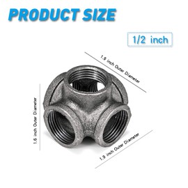 1/2" 5-Way Side Outlet Tee, Home TZH 4-Pack 5-Way Corner Cast Black Malleable Iron Pipe Fitting for Industrial Pipe, Furniture and DIY Decoration (4, 1/2")