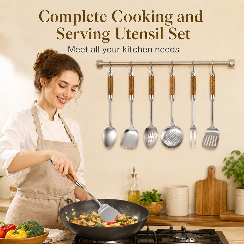 14 Pcs Stainless Steel Kitchen Utensils Set - Wooden Handle