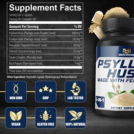 BMVINVOL Psyllium Husk Capsules Fiber Supplement with Fenugreek, Turmeric, Ginger, Black Pepper - Support Digestive System, Intestinal Health - 240 Count for 4 Month Supply