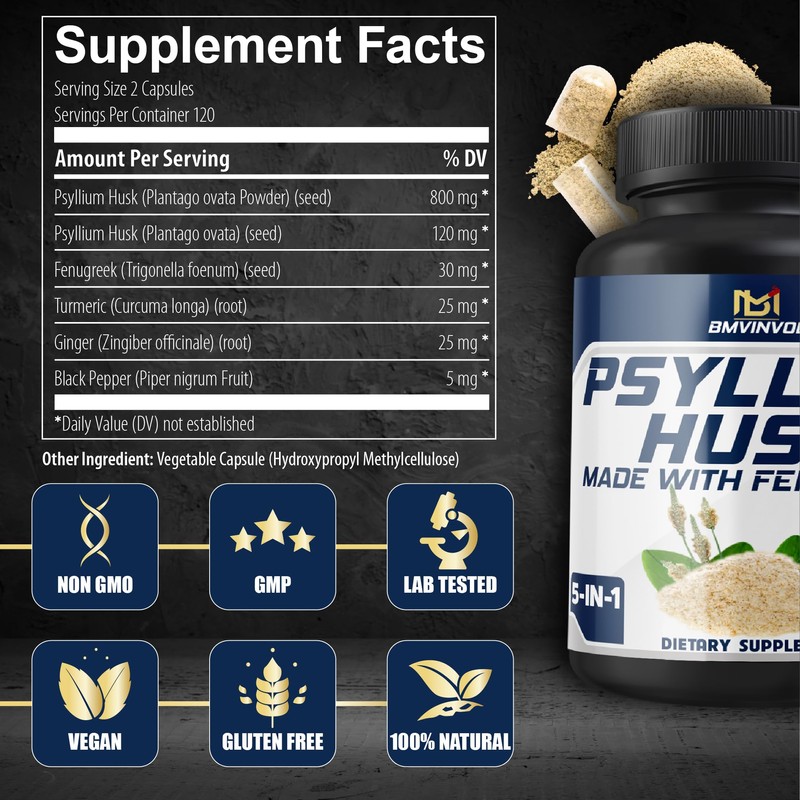 BMVINVOL Psyllium Husk Capsules Fiber Supplement with Fenugreek, Turmeric, Ginger,