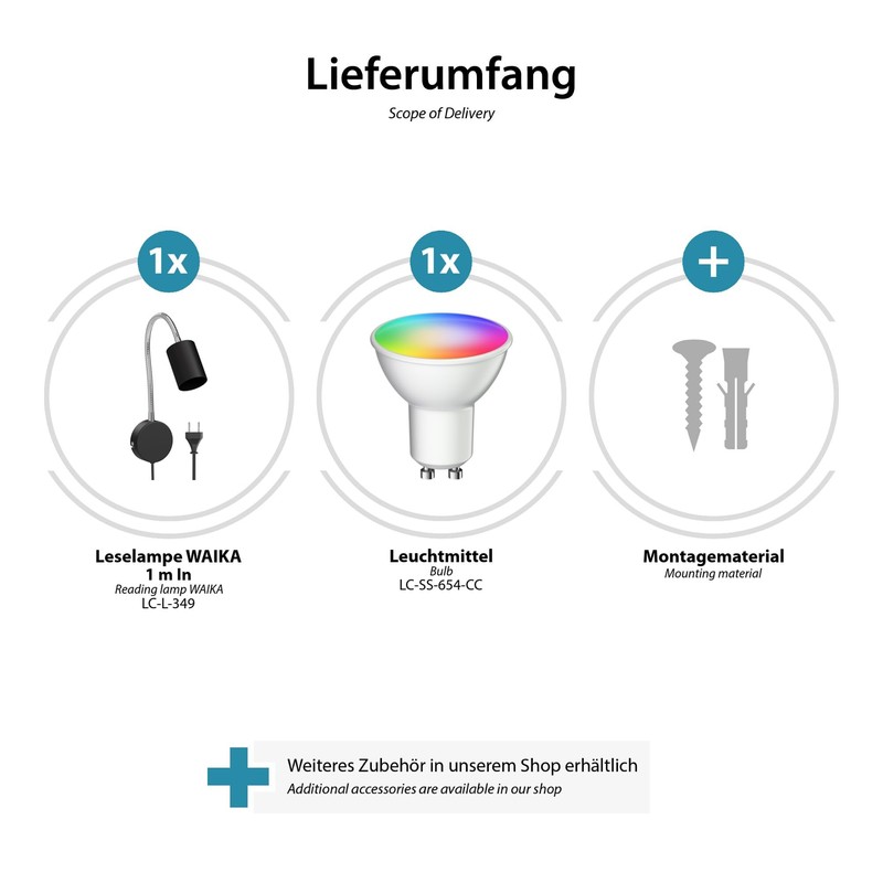 ledscom.de Waika Reading Lamp with Gooseneck Plug Switch Matte Black