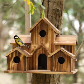 Yuemsh Wooden Bird House Hanging Bird House Hanging Wooden Bird House for Outside 6 Hole Wooden Bird House Courtyard Backyard Decorations