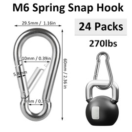 24PCS M6 Carabiner Clip 2.4 Inch Spring Snap Hook, Carbon Steel Quick Links Heavy Duty Keychain 6mm Snap Link Chain, Large Snap Hook Large Carabiner Bulk for Hammock Swing Camping Hiking Gym
