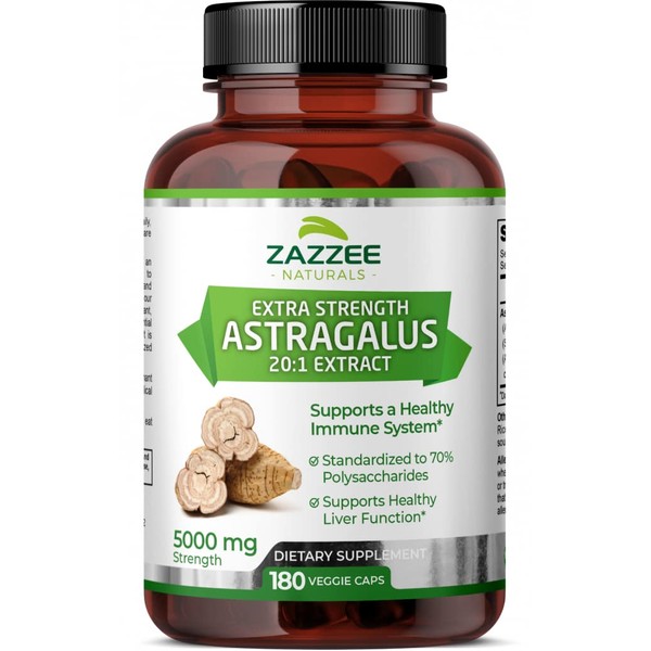 Zazzee Extra Strength Astragalus Root 20:1 Extract, 5000 mg Strength, 70% Polysaccharides, 180 Vegan Capsules, 6 Month Supply, 100% Vegetarian, Standardized and Concentrated 20X Extract, Non-GMO
