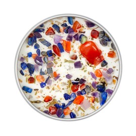 Meditation Candle by New Moon Beginnings - Crystal Candles - Soy Candle - Patchouli, Amber, Vanilla - Carnelian, Lapis Lazuli, Amethyst - 8 oz. Round Tin with lid