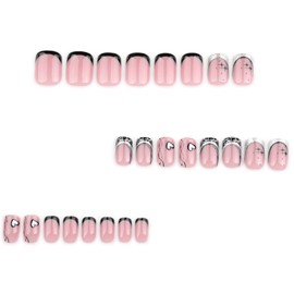 Hkanlre Press on Nails Heart Square Black Fake Cute Nails Tips Full Cover Short French False Nails for Women 24PCS