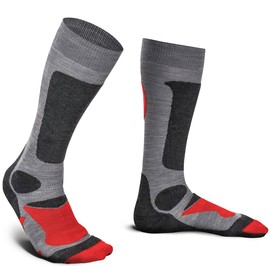 Piarini 2 pairs of unisex ski socks for men, women and children for winter sports snowboard breathable socks knee socks thermal socks function socks outdoor socks made from Merino wool. - Grey with red