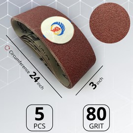 WA 5PCS - 3" x 24" Sanding Belt, 80# Aluminum Oxide for Belt Sander Woodworking Metal Fabrication (3 Inch, Grit 80)