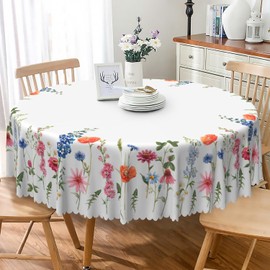 TTQYFNM Spring Summer Wild Flowers Round Tablecloth 70 Inch Pink Blue Flowers Green Plant Decorative Table Cloth Waterproof and Stain Resistant Table Cover for Kitchen Dining Room Picnic Home Decor