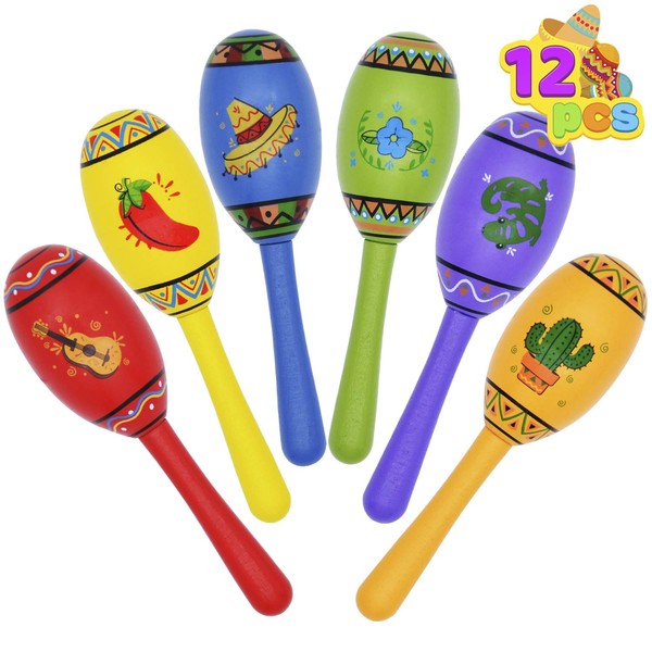12 Mini Wooden Fiesta Maracas 6 Designs Noisemaker for Mexican Fiesta, Cinco De Mayo Party Favors, Musical Fun, Birthday Parties, Luau Party, Carnivals, Taco Tuesday Event