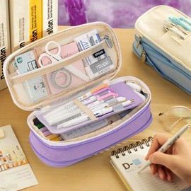 MAMUNU Big Capacity Pencil Cases with Compartments Pencil Pouch Aesthetic for Teen Students, Expendable Stationery Organizer Pen Bag for College School Office (Purple)