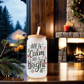 Hogg 16oz Christmas Glasses - Silent Night Design, Cute Christmas Stuff, Christmas Cups Glass, Xmas Gifts for Women, Glass Cup with Lid and Straw, Glass Coffee Tumbler Christmas Glasses Drinkware